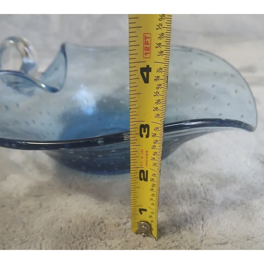 Vintage Blue Controlled Bubble Art Glass Heart Shaped Nappy Bowl with Handle MCM